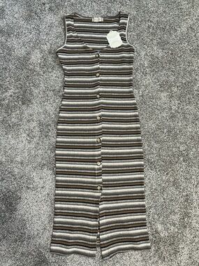 Altar'd State Brown & Cream Striped Ribbed Button-Front Midi Dress